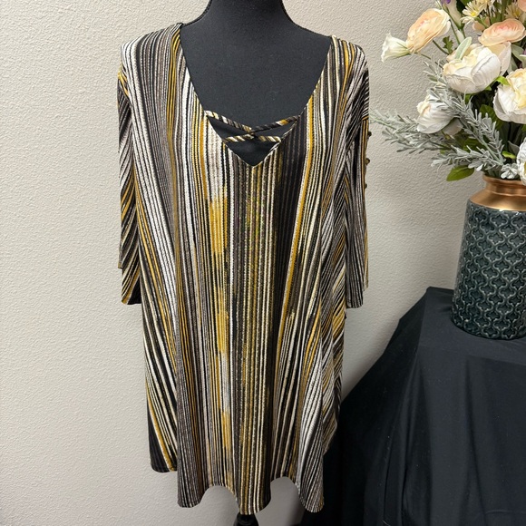 Cato Tops - Cato 26/28W Black Gold Stripe Tunic Top w/ Crisscross Neck & Button Sleeves